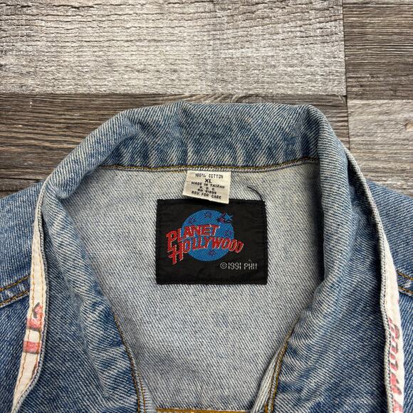 Vintage 90s Planet Hollywood Orlando Blue Mens L Denim Jean Trucker Jacket - Picture 5 of 8